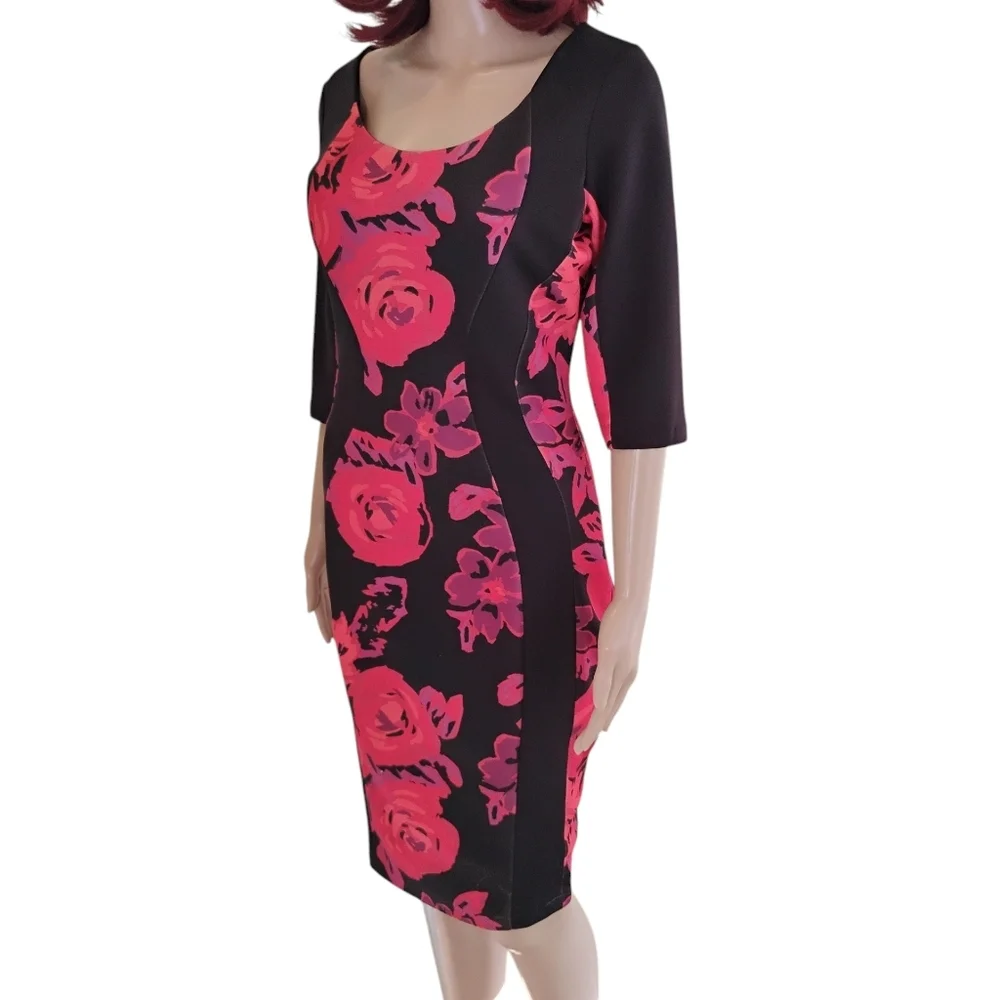 Signature By Sangria Floral Black and Pink Scuba Dress Size 8 - Picture 8 of 13